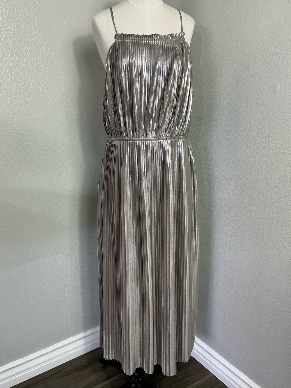 Banana Republic Metallic Pleated Maxi Dress Silver Champagne Size 10